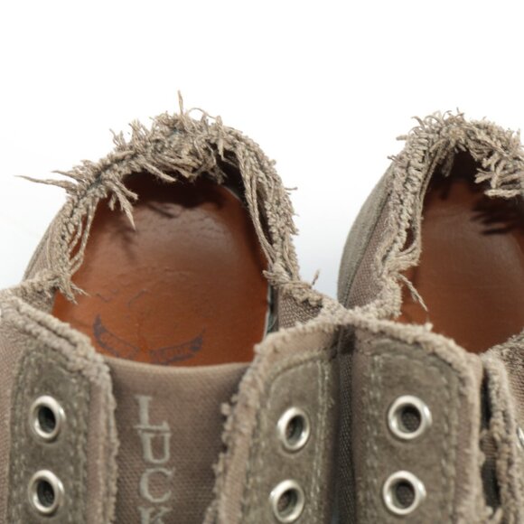 VTG Lucky Brand Womens Sneaker Size 7 Tan Suede Laceless Slip On Frayed Shoes 90 - Picture 8 of 12